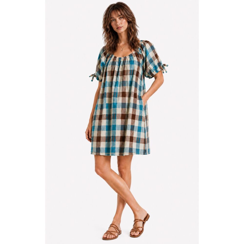 New Gigio L 12 14 Teal Brown Plaid Side Pockets Lined Oversized Cotton Dress